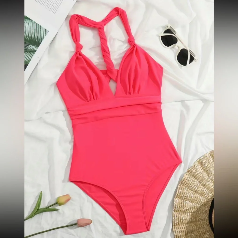 Boho watermelon pink knotted V neck swimsuit
